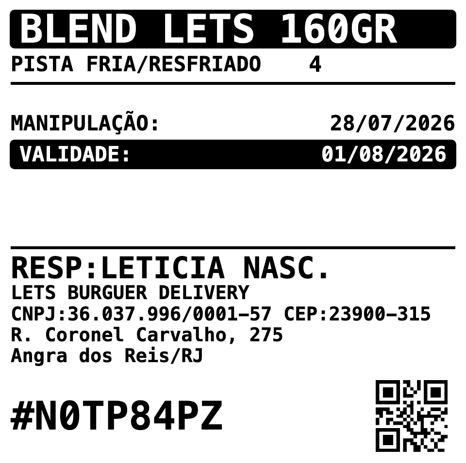 Etiqueta emitida pelo módulo: Blend Lets 160 g, pista fria, manipulação 28/07/2026, validade 01/08/2026